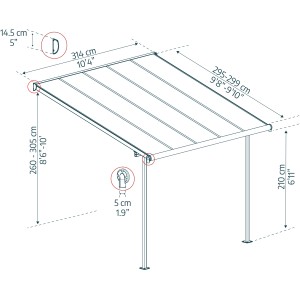 Technische Zeichnung der grauen Palram Sierra Terrassenüberdachung (314x295cm) mit Maßangaben.