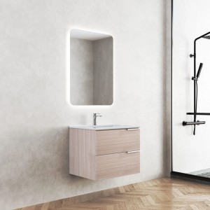 Modernes Badmöbel-Set in Holzoptik Beige mit Waschtisch, Keramik-Waschbecken und LED-Spiegel. Wandhängend, 60 cm.