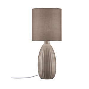 PR Home Uno Tischleuchte mit geripptem Keramikfuß und zylindrischem Stoffschirm in Beige.
