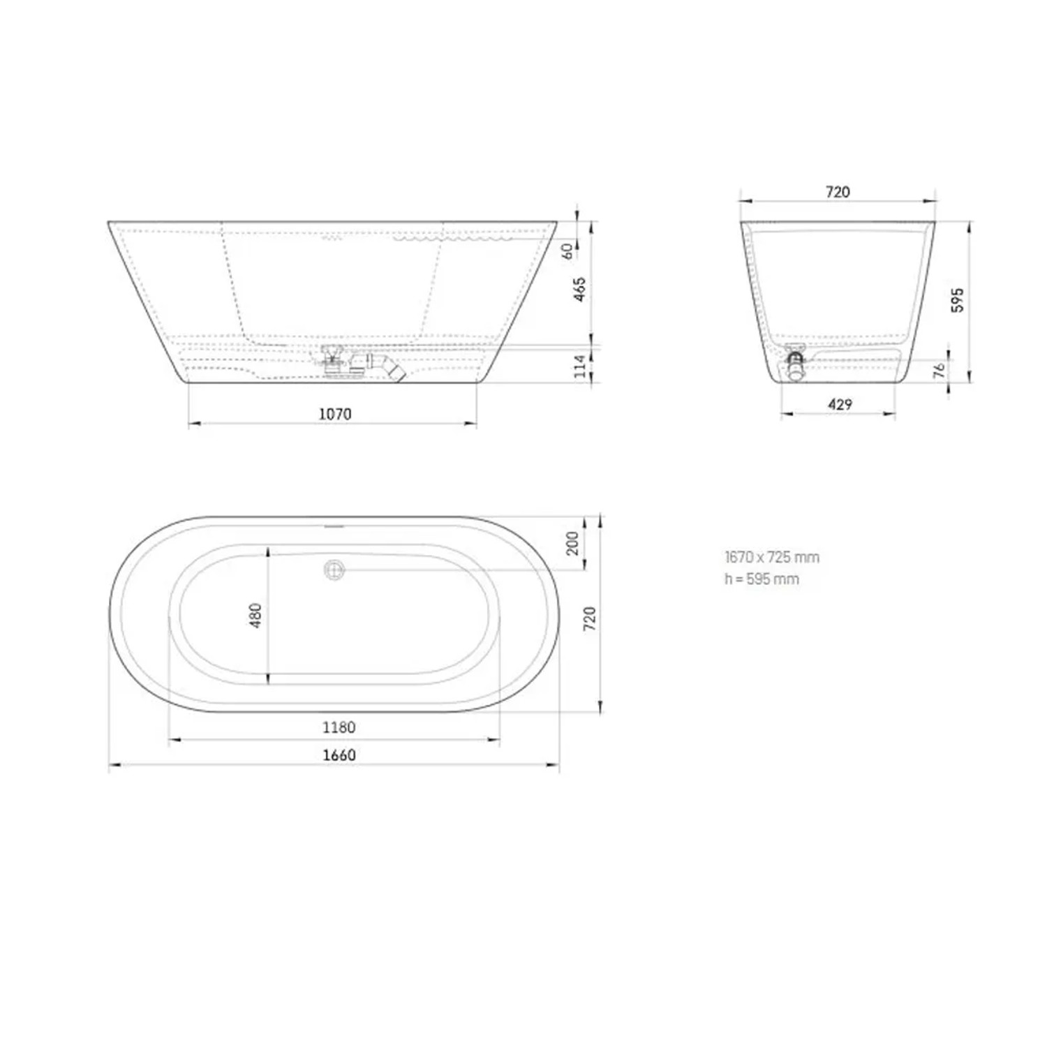 Technische Zeichnung der freistehenden Badewanne Storia, Maße: 167x72,5x59,5 cm.