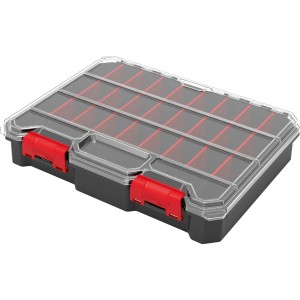 Qbrick Regular Compact Organizer Set 1, schwarze Aufbewahrungsbox mit transparentem Deckel und roten Verschlüssen.