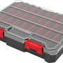 Qbrick Regular Compact Organizer Set 1, schwarze Aufbewahrungsbox mit transparentem Deckel und roten Verschlüssen.