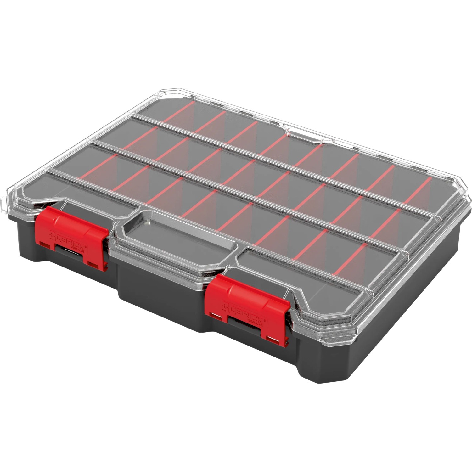 Qbrick Regular Compact Organizer Set 1, schwarze Aufbewahrungsbox mit transparentem Deckel und roten Verschlüssen.