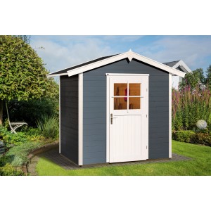 Lasiertes Weka Holz-Gartenhaus 223 mit Satteldach und weißer Tür im Garten.