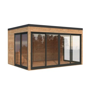 Hellbraunes Palmako Holz-Gartenhaus mit Pultdach und großen Fensterfronten. Ideal als Geräteschuppen oder Freizeithaus.