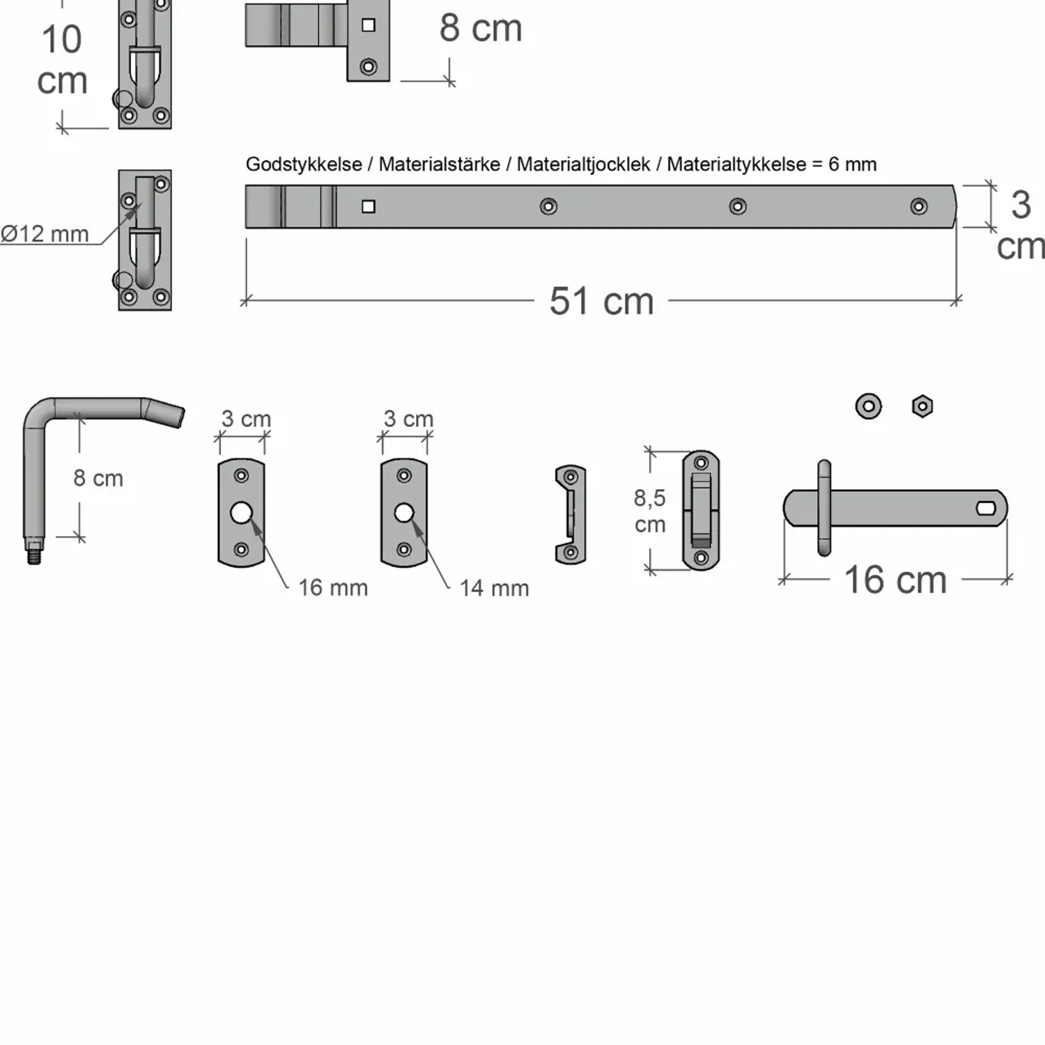Zeichnung: Beschläge für Gartentor Rondo, inkl. Griff, Riegel und Befestigungsmaterial mit Maßangaben.