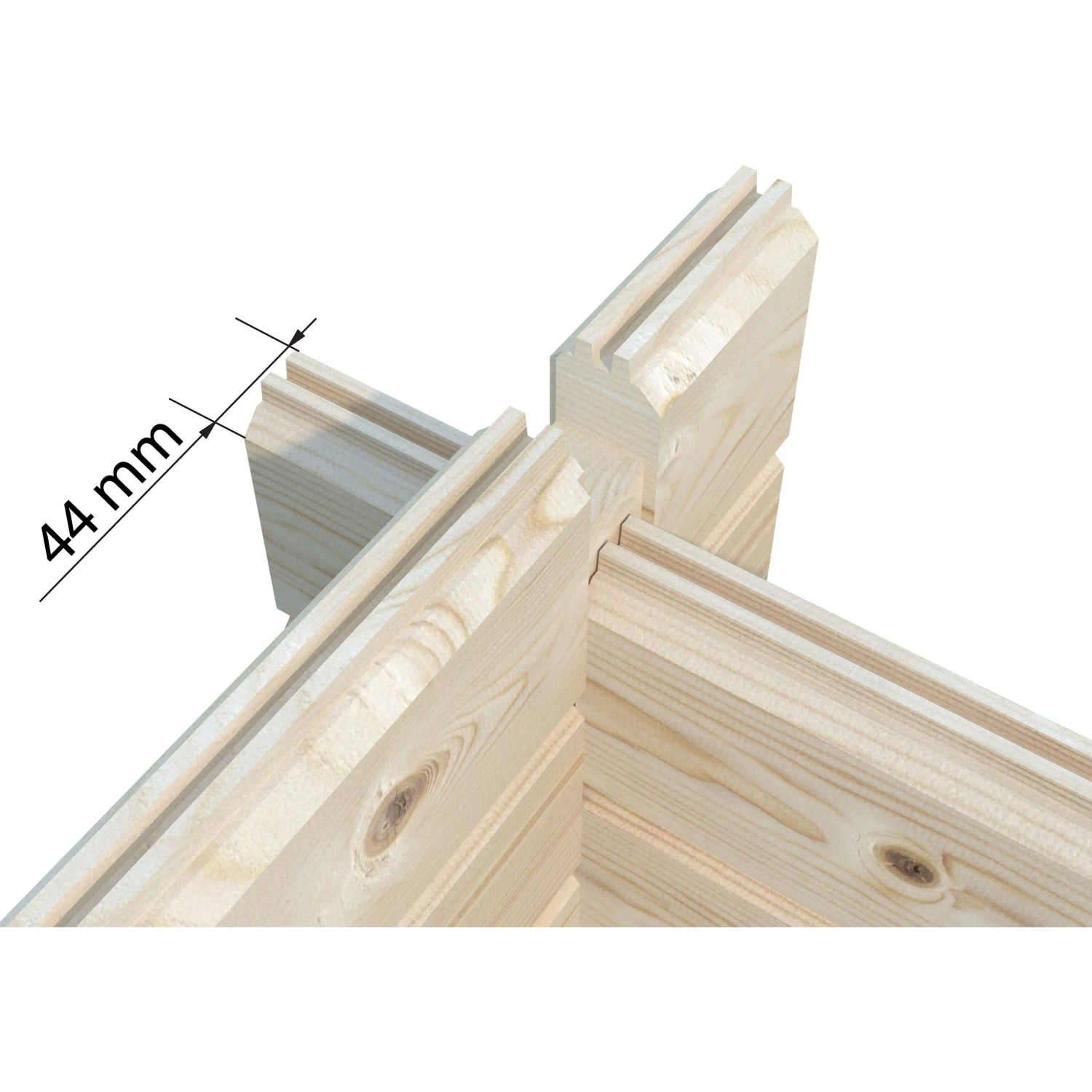 Detailaufnahme der 44 mm starken, unbehandelten Fichtenholz-Eckverbindung des Palmako Sauna Sanna Slide Plus Saunahauses.