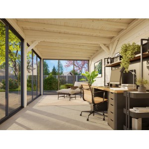 Palmako Pavillon Lenna Set 402: Weiß lackiertes Weekendhaus mit Schiebetüren und Büroeinrichtung.