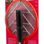 Elektrische Fliegenklatsche Akku, rot, mit schwarzem Griff, in Verpackung.