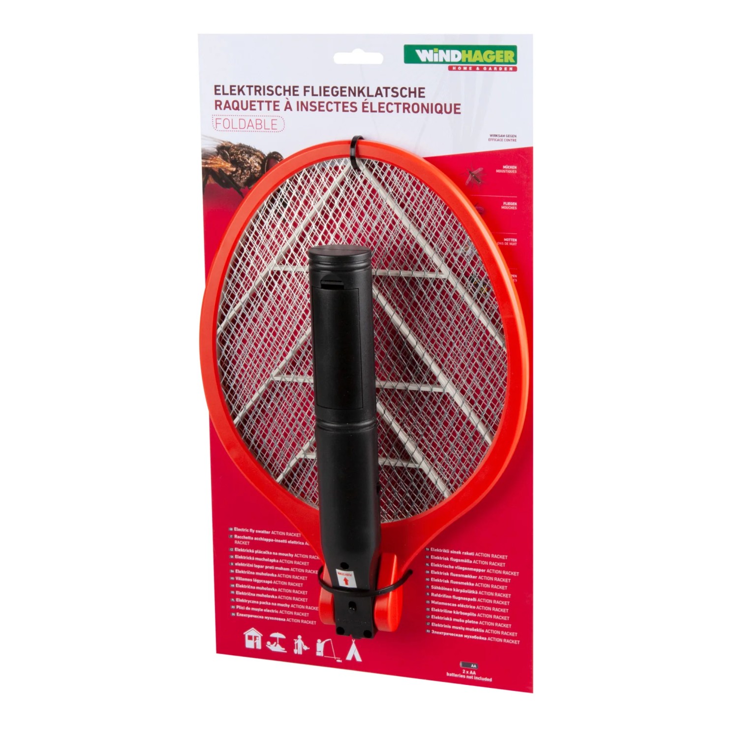 Elektrische Fliegenklatsche Akku, rot, mit schwarzem Griff, in Verpackung.