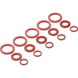 Fiberdichtungs-Set für Armaturen, 15 rote Dichtungsringe in verschiedenen Größen für Sanitär und Heizung.