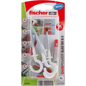 Fischer Duopower 8x40 Dübel-Set mit Schrauben und Haken, geeignet für verschiedene Baustoffe.