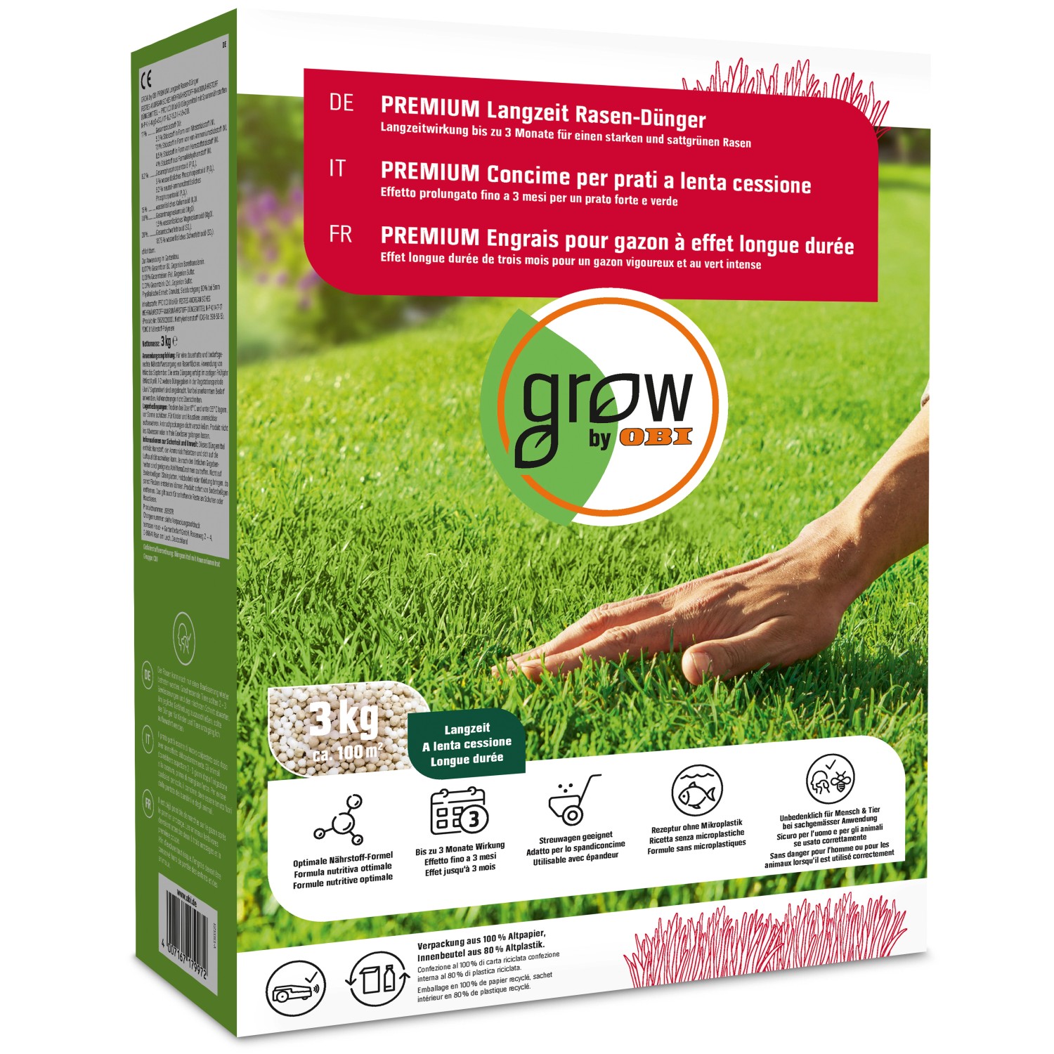 OBI Premium Langzeit-Rasendünger 3 kg für dichten, grünen Rasen bis zu 3 Monate.