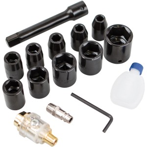 Scheppach Druckluftschlagschrauber Set mit Steckschlüsseln, Verlängerung, Öler und Öl-Fläschchen.