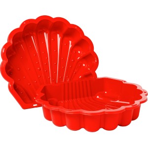 Rote SwingKing Sandmuschel und Wassermuschel, zweiteilig, geöffnet und geschlossen dargestellt.