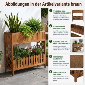 Braunes Akazienholz Hochbeet mit zwei Pflanzebenen, Rankgitter und Zaun-Optik. Für Blumen und Deko im Garten oder auf dem Balkon.