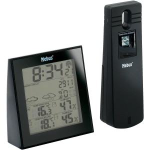 Mebus Funkwetterstation in Schwarz mit digitaler Anzeige und Außensensor.