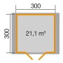 Grundriss Weka Holz-Gartenhaus 330 cm: Quadratisches Gartenhaus mit Satteldach, Maße 300x300 cm, Volumen 21,1 m³.