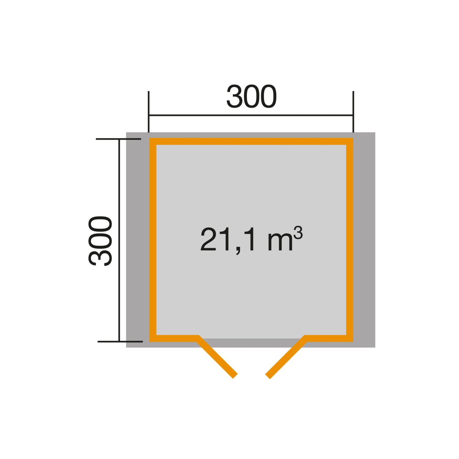 Grundriss Weka Holz-Gartenhaus 330 cm: Quadratisches Gartenhaus mit Satteldach, Maße 300x300 cm, Volumen 21,1 m³.