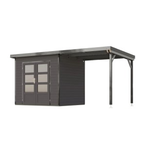Karibu Gartenhaus Domingo 2 B mit Anbaudach, grau-alu. Holzgartenhaus mit Doppeltür und Überdachung.