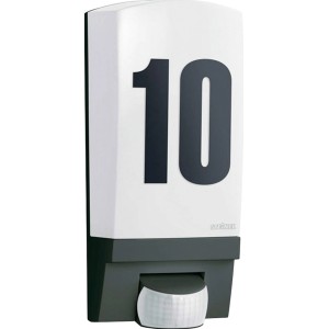 Steinel Außenwandleuchte L 1 S mit Bewegungsmelder, Hausnummer 10, schwarz/weiß.