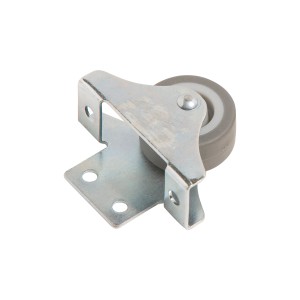 Möbel-Bockrolle mit grauem Softrad, Ø 38mm, Stahlgehäuse, geeignet für empfindliche Böden.