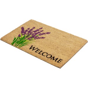 Fußmatte Coco Style in Beige mit Lavendel-Motiv und "Welcome" Schriftzug, 40x60 cm.