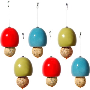 6er Set Keramik Meisenknödelhalter in Rot, Grün und Blau für die Vogelfütterung.