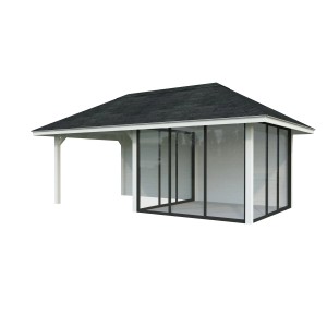 Palmako Pavillon Bianca Set, 588x300 cm, weiß lackiert. Weekendhaus mit Schiebetüren und überdachtem Freisitz.