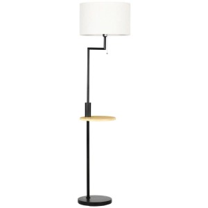 Moderne HOMCOM Stehleuchte mit schwarzem Stahlgestell, cremefarbenem Schirm und runder Holzablage mit USB-Anschluss.