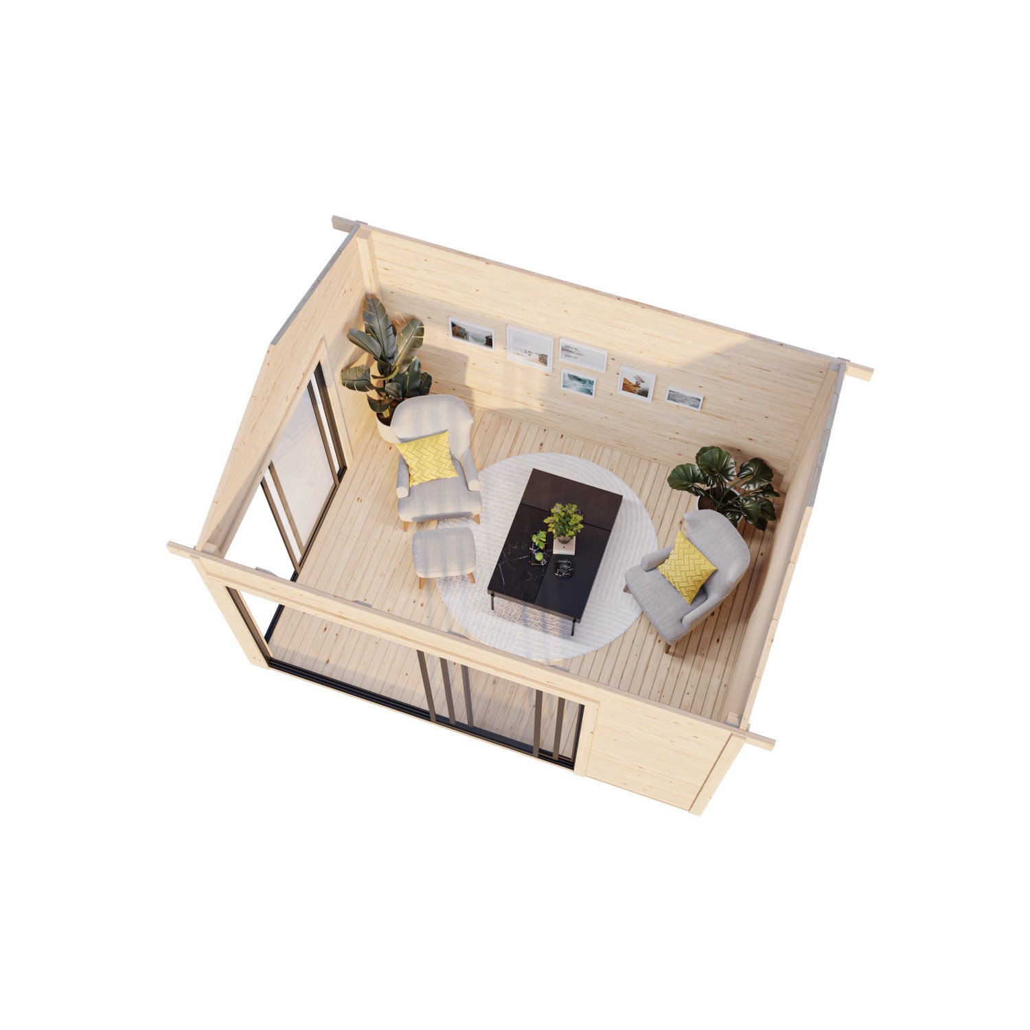 Palmako Gartenhaus Amanda mit Schiebetüren, naturbelassen, von oben. Holz-Gartenhaus mit Einrichtung.