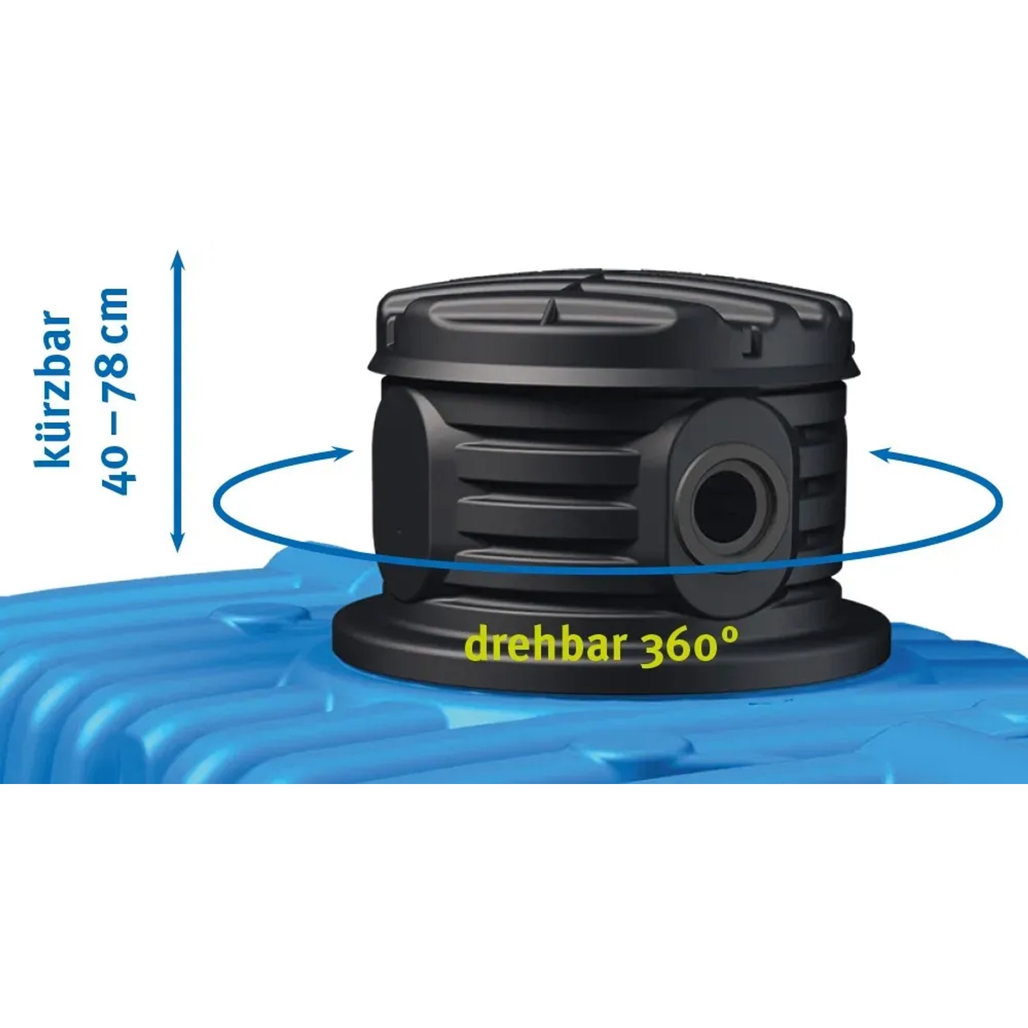 Detailaufnahme des 4rain Flat M Flachtank-Pakets 3.000 l mit drehbarem, schwarzen Domschacht.