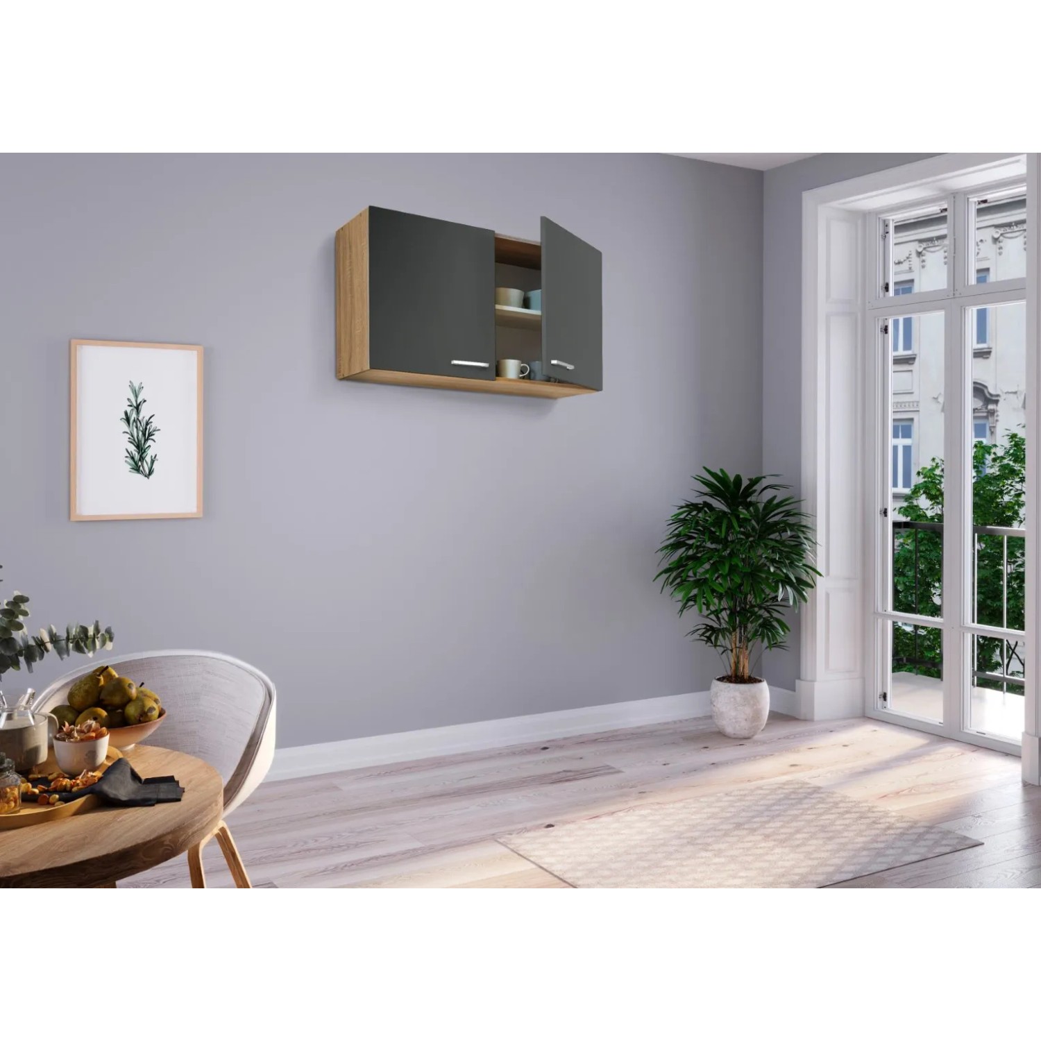 Respekta Miniküche MK100ESGOS, 100 cm, Grau-Eiche Sägerau Nachbildung, Oberschrank
