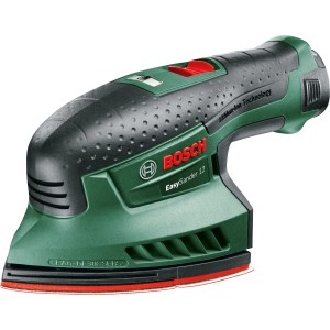 Bosch Akku-Multischleifer EasySander 12, grüne Schleifmaschine mit Akku und Ladegerät im Lieferumfang.