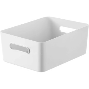 Weiße SmartStore Compact L Aufbewahrungsbox mit Griffen, stapelbar und vielseitig.