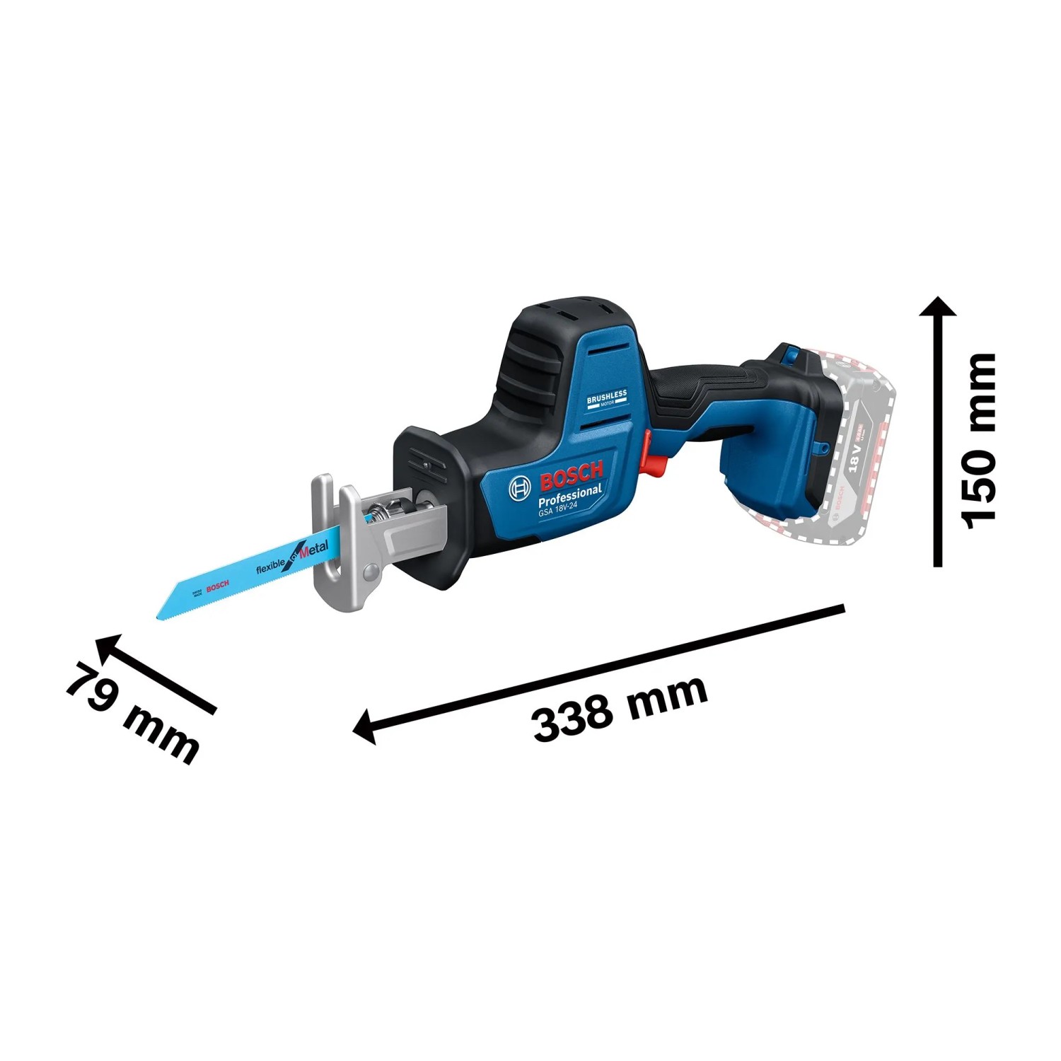 Bosch Professional Akku-Säbelsäge GSA 18V-24 im Koffer, blau-schwarz, mit Maßangaben.