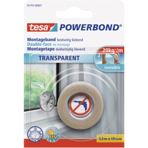Tesa Powerbond Transparent Montageband, 1,5m x 19mm, für unsichtbare Verklebungen.