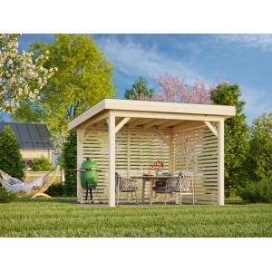 Palmako Pavillon Lenna Set, 300x300 cm, weiß lackiert, mit Sichtschutzwänden und Tischgruppe.