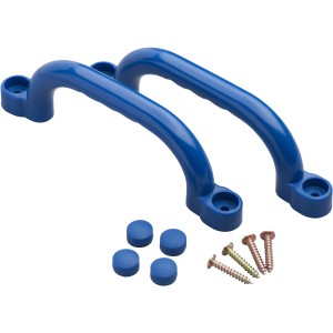 Zwei blaue SwingKing Handgriffe für Gartenspielgeräte, inklusive Befestigungsmaterial.