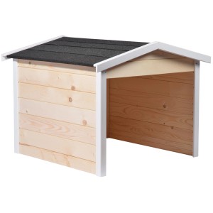 Dobar Mähroboter Garage aus Holz, naturbelassen mit schwarzem Dach und weißen Akzenten.