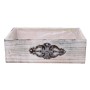 Rechteckiges Pflanzgefäß aus Holz in Natur-Weiß mit Metallornament, 35x21x11 cm.