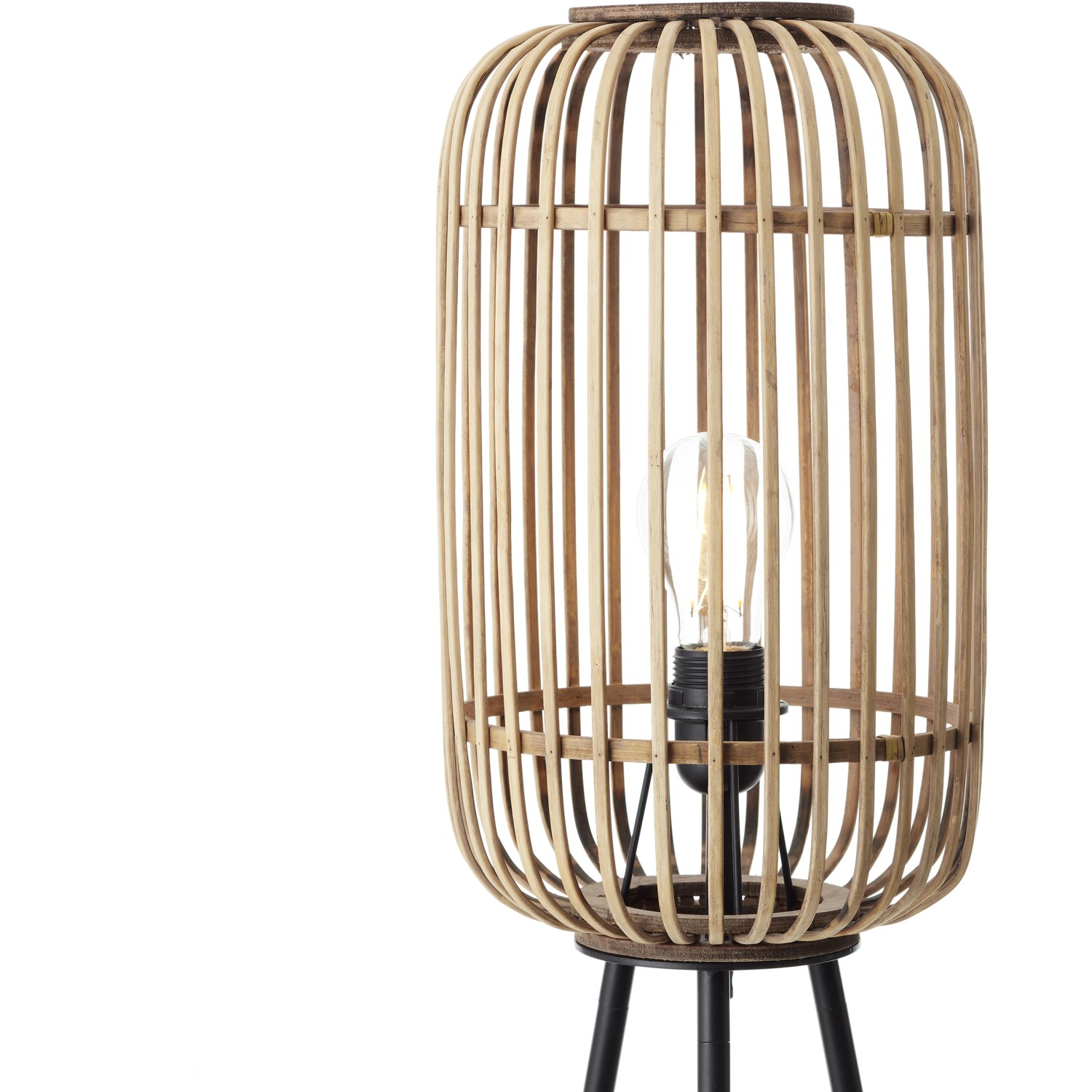 Stehlampe Woodrow in Braun: Dreibein-Designleuchte aus Rattan und Metall für gemütliches Licht.