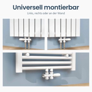 Weißes Emke Heizkörper Multiblock Ventil mit Thermostat. Zeigt flexible Montage an Heizkörpern und Handtuchhaltern.
