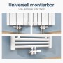 Weißes Emke Heizkörper Multiblock Ventil mit Thermostat. Zeigt flexible Montage an Heizkörpern und Handtuchhaltern.
