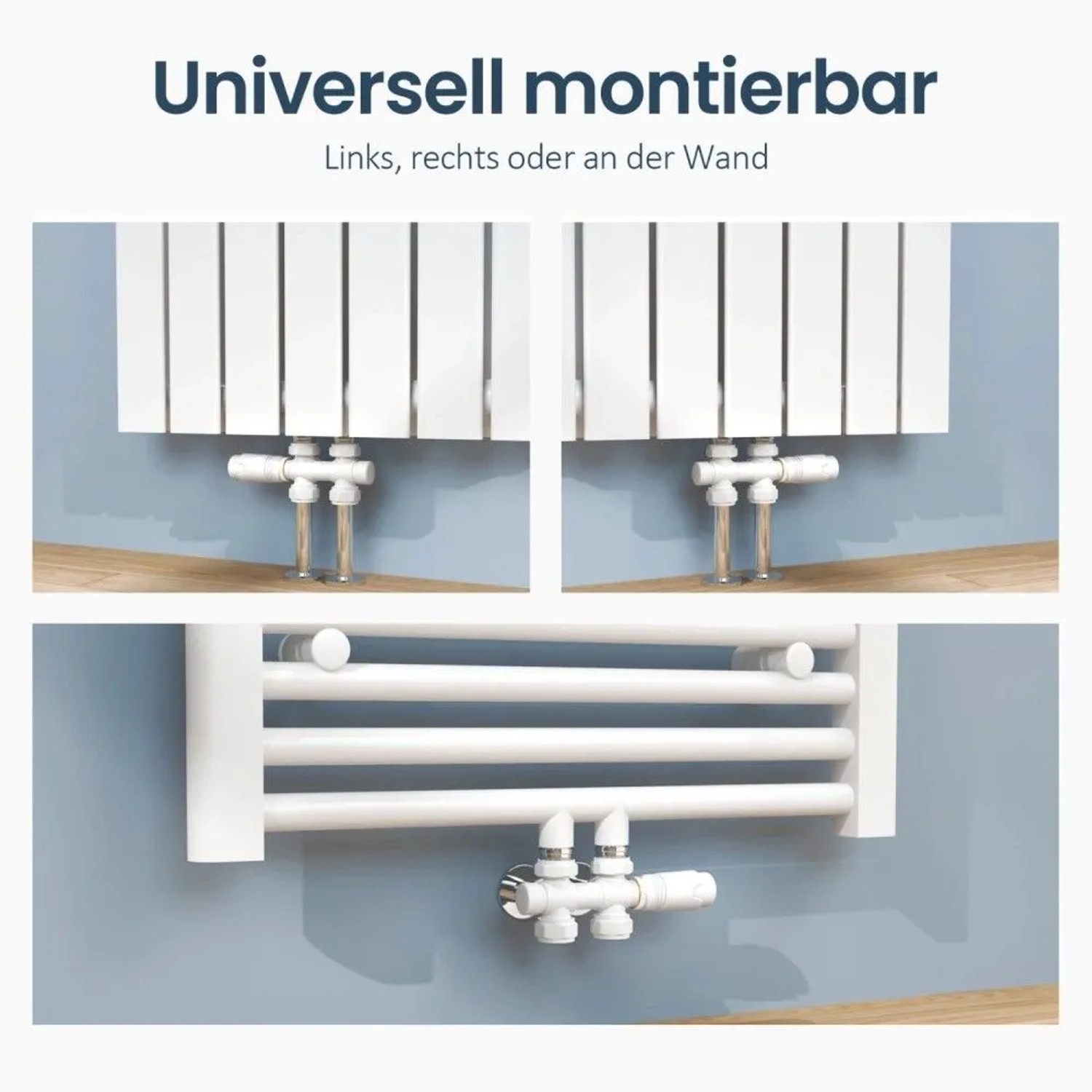 Weißes Emke Heizkörper Multiblock Ventil mit Thermostat. Zeigt flexible Montage an Heizkörpern und Handtuchhaltern.