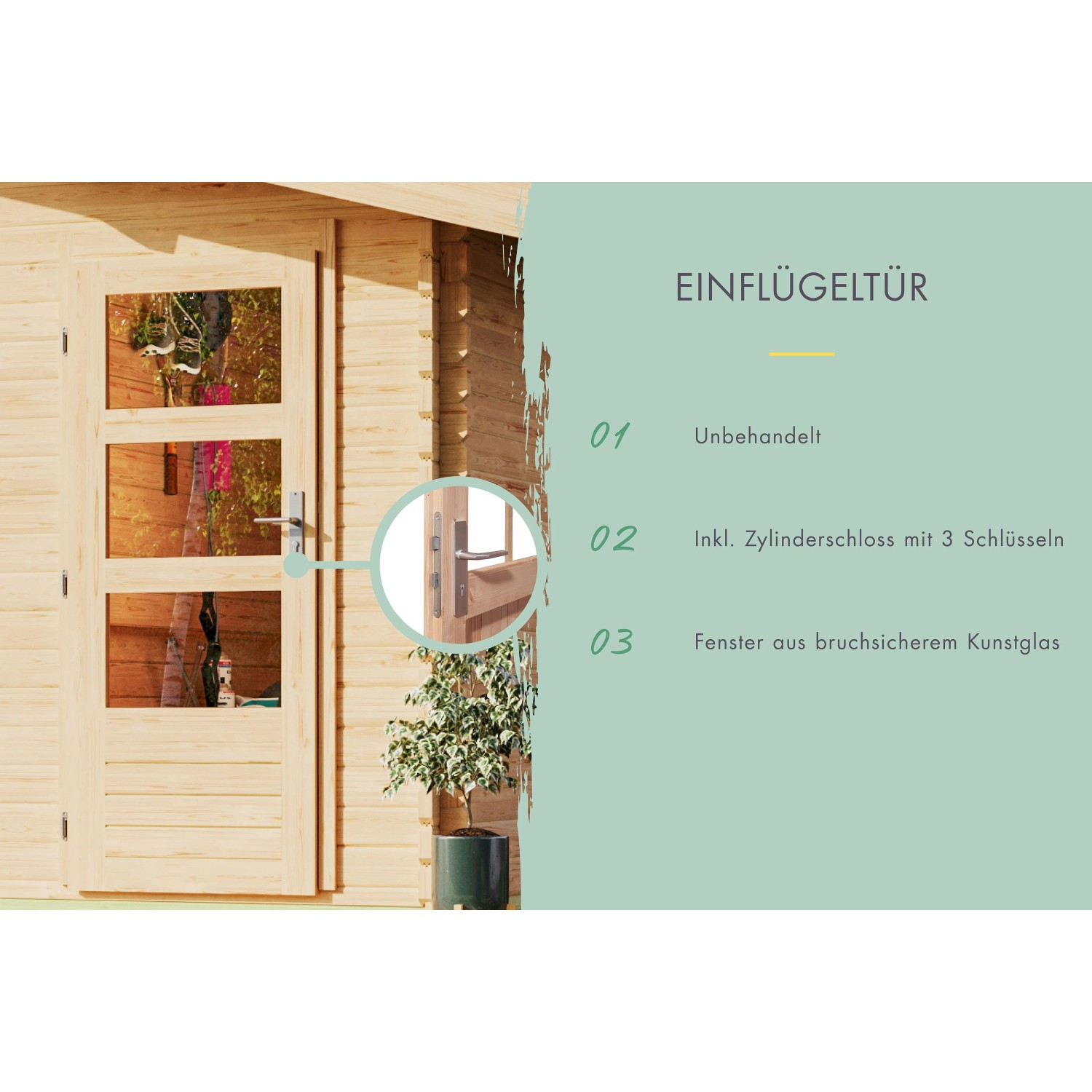 Detailansicht der Tür vom Karibu Holz-Gartenhaus Glostrup, unbehandelt mit Fenstern und Zylinderschloss.