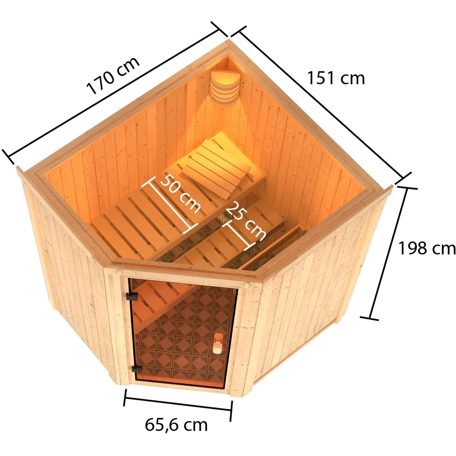 Woodfeeling Sauna Faurin mit Glastür, 9kW Bio-Ofen und zwei Saunabänken aus Espenholz.