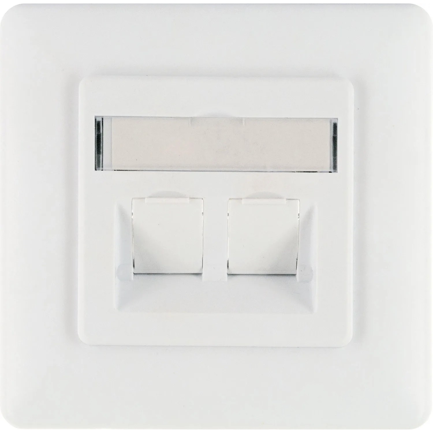Weiße Schwaiger Keystone Anschlussdose für Unterputzmontage mit Beschriftungsfeld.