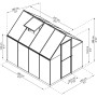 Technische Zeichnung: Palram Canopia Gewächshaus, 4,6 m², grau, mit Maßen und Fundamentrahmen.