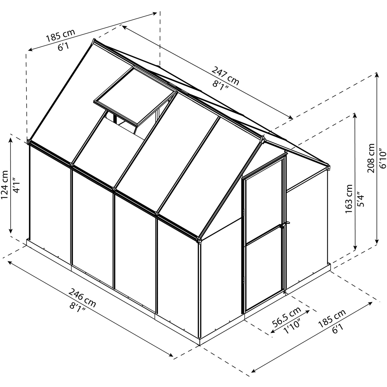 Technische Zeichnung: Palram Canopia Gewächshaus, 4,6 m², grau, mit Maßen und Fundamentrahmen.